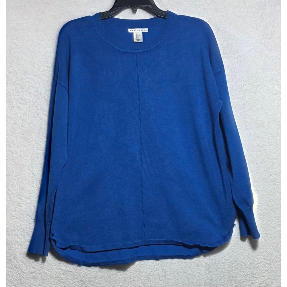Max Studio Royal Blue Crew Neck Sweater Center Seam Relaxed Fit Large